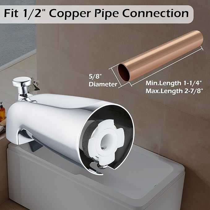 Slip-on Tub Spout with Diverter, Compatible with 1/2 Inch Copper Tube Fit, Bathroom Bathtub Spout 1-Pack (Polished Chrome)