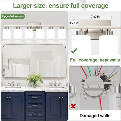Brushed Nickel Bathroom Light Fixtures with Milk Glass Shades, Eye-Friendly 6 Light Vanity Lights for Bathroom, Vanity Lights with E26 Socket (Bulbs Not Included), for Mirror, Bedroom, Hallway