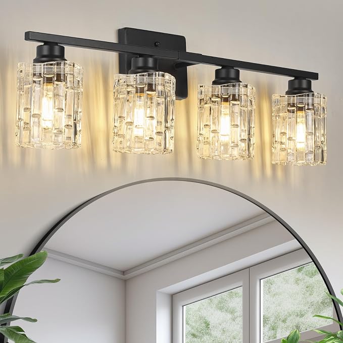 Refice 4-Light Bathroom Vanity Lights Crystal Glass, Black | Bathroom Light Fixtures Vanity Lighting Over Mirror for Living Room Farmhouse, Hallway