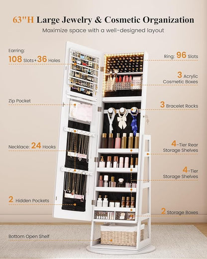LVSOMT Standing Jewelry Cabinet Mirror with Adjustable LED Light White | 63" Lockable Jewelry Armoire Organizer with 4 Rear Shelves & Hooks, 360° Swivel, for Bedroom, Living Room, Women Girls Gift