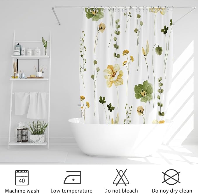 Olive Green Beige Watercolor Floral Fabric Shower Curtain, 72x84 | Waterproof Fabric, Modern Minimalist Floral Print, Machine Washable, Rustproof Grommets, Fade Resistant, for Bath Home