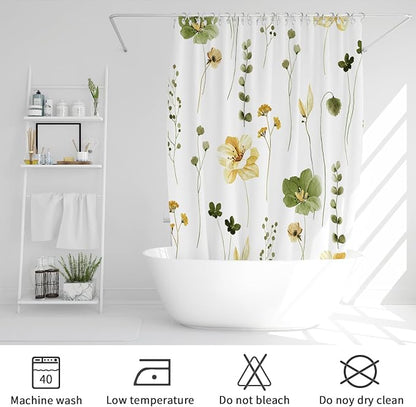 Olive Green Beige Watercolor Floral Fabric Shower Curtain, 72x84 | Waterproof Fabric, Modern Minimalist Floral Print, Machine Washable, Rustproof Grommets, Fade Resistant, for Bath Home
