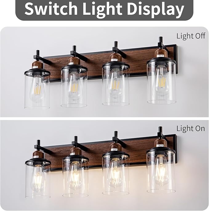 4-Light Farmhouse Bathroom Light Fixtures Vintage Bathroom Vanity Lights Over Mirror Black and Wood Painted Metal Vanity Light for Bathroom with Glass Shades E26 Socket