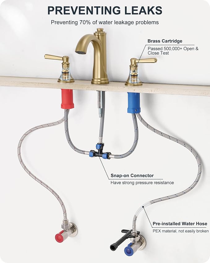 Bathroom Sink Faucet 3 Hole, 8 Inch Gold Bathroom Faucet with Drain | Lead-Free Brass, Widespread 2 Handles, Pre-installed cUPC Supply Hoses, For Rv Lavatory Restroom Vanity, 10 Mins Installation