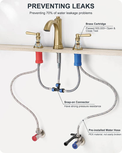 Bathroom Sink Faucet 3 Hole, 8 Inch Gold Bathroom Faucet with Drain | Lead-Free Brass, Widespread 2 Handles, Pre-installed cUPC Supply Hoses, For Rv Lavatory Restroom Vanity, 10 Mins Installation