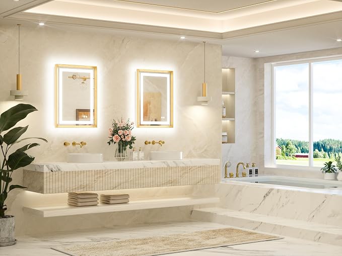 20 x 28 Bathroom LED Mirror Brushed Gold Metal Frame Frontlit & Backlit Vanity Mirror Anti-Fog Stepless Dimmable 3 Colors White/Warm/Natural Mirror with Lights Wall-Mounted