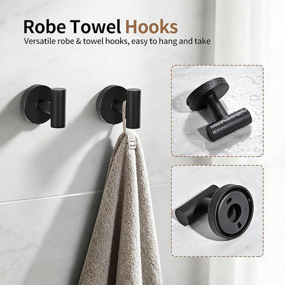 Wall Mounted Matte Black Bathroom Hardware Accessories Set, 5 Piece Complete Kit Including 23.6 Inch Towel Bar, Toilet Paper Holder, Towel Ring and Robe Hooks