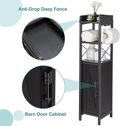 VECELO Small Bathroom Cabinet,Slim Toilet Paper Holder with Door&Metal Scroll, Upgraded Narrow Storage Organizer for Restroom Bathroom Tiny Space,Fenced Top Waterproof Coating,Black