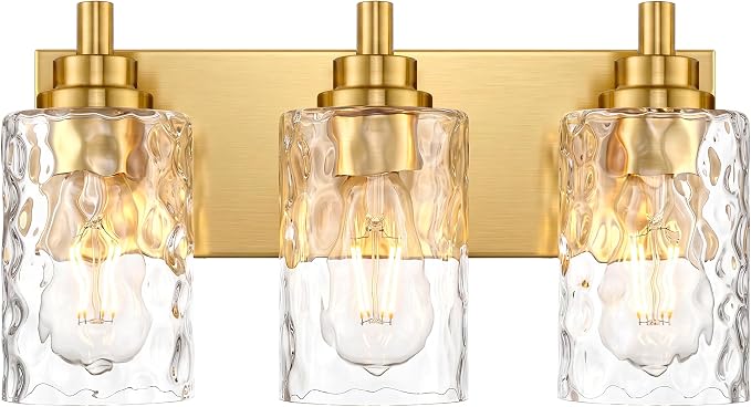 3-Light Brushed Gold Bathroom Vanity Light, Hammered Cylinder Glass | Ideal for 20-28" mirrors, 16.5" modern bathroom light fixtures over mirror, E26 base, bulbs not included, VL198-BG-3
