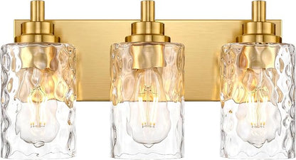 3-Light Brushed Gold Bathroom Vanity Light, Hammered Cylinder Glass | Ideal for 20-28" mirrors, 16.5" modern bathroom light fixtures over mirror, E26 base, bulbs not included, VL198-BG-3