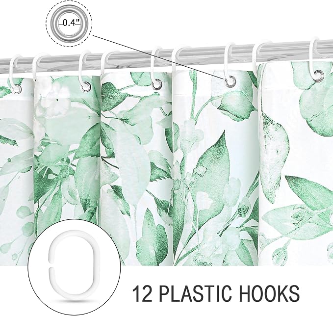 MintGreen Eucalyptus Shower Curtain, Watercolor Floral Print, 72x84 | Watercolor Plant Leaves Floral Print, Waterproof Fabric Bathroom Decor, Machine Washable, Rustproof Grommets
