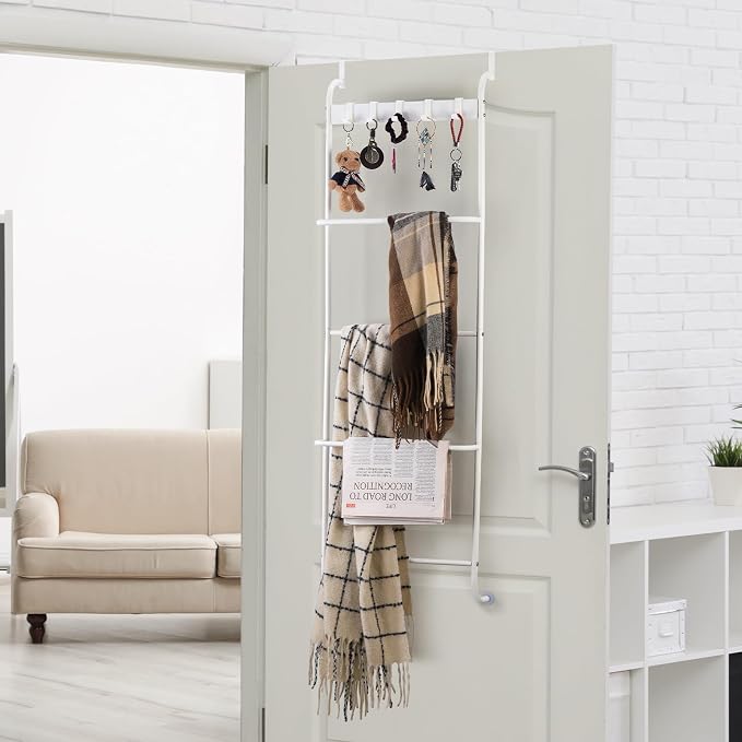 Over The Door Towel Rack 5 Tier Over The Door Towel Bar for Bathroom Towel Holder Over Door Hanger with Hooks Large Metal Towel Blanket for Bedroom Dorm Door (White)