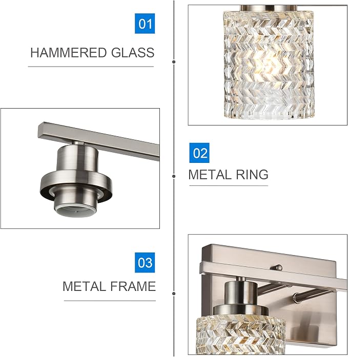 MELUCEE 4 Lights Brushed Nickel Vanity Light with Hammered Glass Shade | Indoor Metal Bathroom Light Fixtures Wall Lights for Powder Room Hallway Kitchen, E26 Base