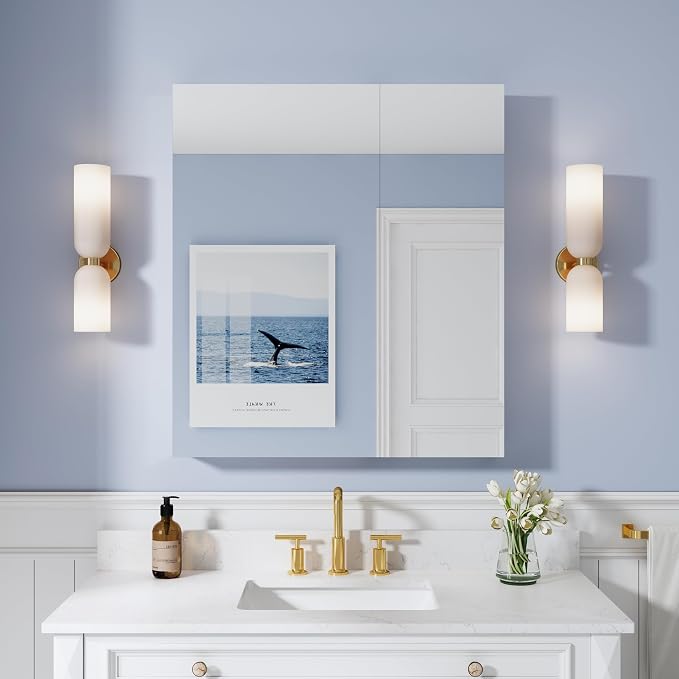 WELLFOR 32" x 36" Bathroom Medicine Cabinet with Mirror, Anodized Chrome Aluminum Frame, Surface Mount or Recessed Medicine Cabinet with Mirror, Bathroom Mirror with Storage, Double Doors