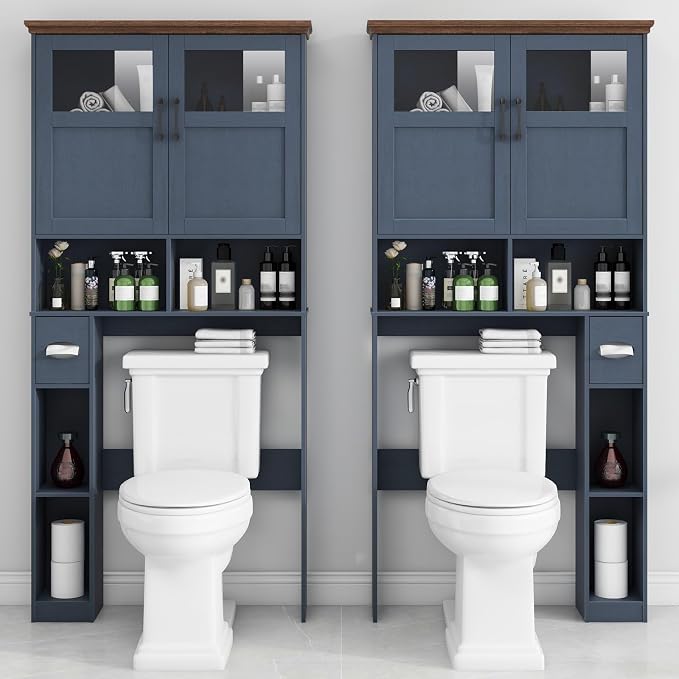 Vabches Over The Toilet Storage Cabinet with Doors & Paper Holder, Blue | Vabches Freestanding Toilet Shelf Space Saver with Anti-Tip Design & Adjustable Shelf or Restroom, Bathroom, Laundry