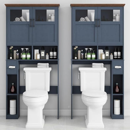 Vabches Over The Toilet Storage Cabinet with Doors & Paper Holder, Blue | Vabches Freestanding Toilet Shelf Space Saver with Anti-Tip Design & Adjustable Shelf or Restroom, Bathroom, Laundry