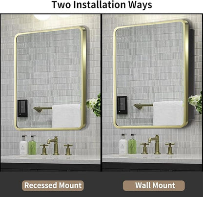 Movo Gold Metal Framed 24 Inch x 30 Inch Bathroom Medicine Cabinet with Mirror Aluminum Farmhouse Vanity Mirrors Recess or Surface Mount Installation