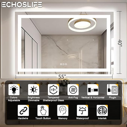 EchosLife 55"x40" Bathroom Mirror with LED Lights | Backlit + Front Lit, Anti-Fog, Stepless Dimmable, 3 Colors, Memory, Tempered Glass, UL Listed, Horizontal/Vertical