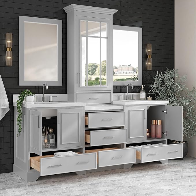 ARIEL Stafford 84-inch Bathroom Vanity with Sink,Solid Wood, 1.5-inch Pure White Quartz Countertop & Backsplash, Double Rectangular Porcelain Sink, 5 Soft Closing Doors, 6 Dovetail Drawers, Grey