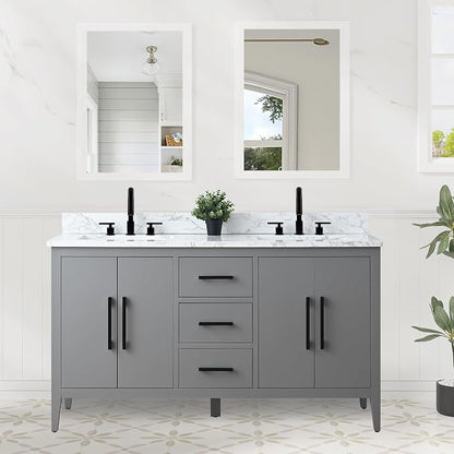 60 Inch Bathroom Vanity with Sink & Ceramic Top, Double Vanity Cabinet with Basin, Soft-Closing Doors & Matte Black Hardware, Grey