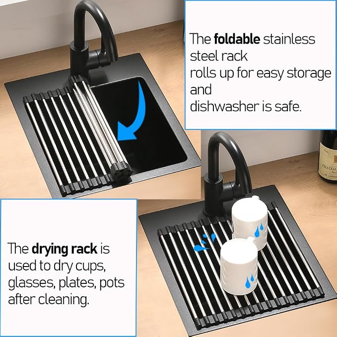 Black Drop In Bar Sink Quartz, 13x15 Inch | Granite Composite Quartz Small Kitchen Sink RV Wet Bar Topmount Single Bowl Kitchen Sink with Small Rubber Squeegee