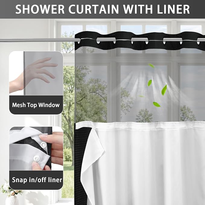 No Hook Shower Curtain with Liner Set Hotel Waffle Curtain Black 72W X 75L | Washable Snap in Fabric Liner, Mesh Top Window, Waffle Hotel Style Shower Curtain Set