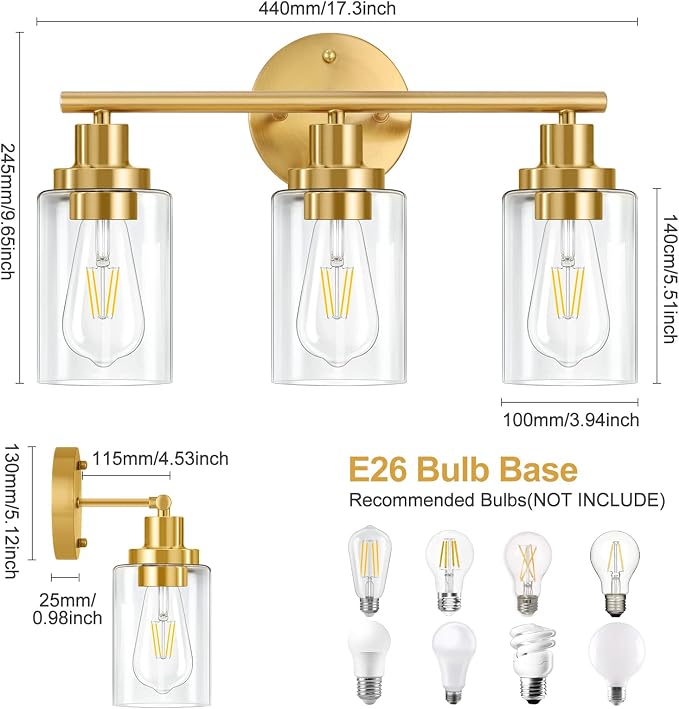 Brushed Brass Bathroom Wall Light Fixtures 3 Lights Vanity Wall Sconce with Clear Glass Shade Modern Farmhouse Wall Lamp for Bathroom Mirror Kitchen Living Room Workshop