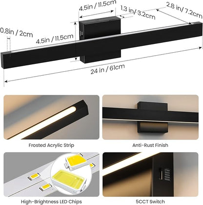 Modern Bathroom Vanity Light 24 Inch Black Bathroom Lighting Fixtures Over Mirror 20W 5CCT Dimmable LED Vanity Lights Bar for Bathroom Mirror Restroom Bedroom