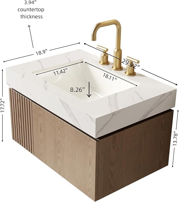 KEIKI 30 Inch Floating Bathroom Vanity with Sink, Light Brown & White | Modern Wall Mounted Storage Cabinet w/ Drawer & Door, Pre-assembled Wood Panels, Sintered Stone Top & Ceramic Basin Combo Set