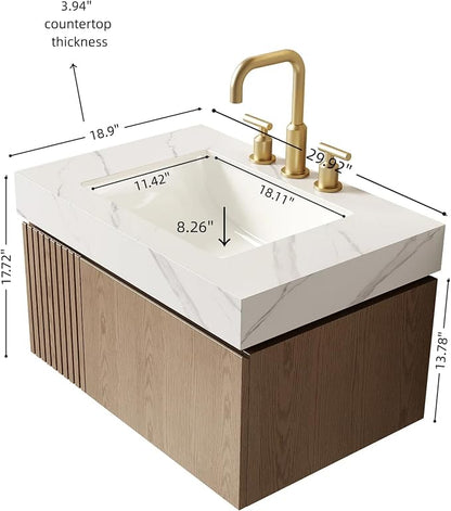 KEIKI 30 Inch Floating Bathroom Vanity with Sink, Light Brown & White | Modern Wall Mounted Storage Cabinet w/ Drawer & Door, Pre-assembled Wood Panels, Sintered Stone Top & Ceramic Basin Combo Set