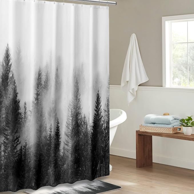ORTIGIA Black and White Misty Forest Shower Curtain for Bathroom, Nature Woodland Curtain Set with Hooks, Decorative Pine Tree Fog Magic Bath Decor for Home Weighted, 72x72