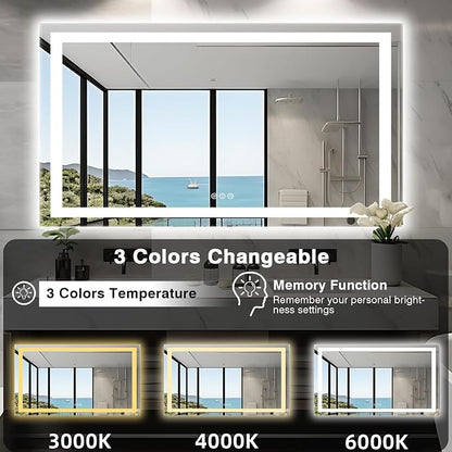 EchosLife 60"x36" LED Mirror for Bathroom | Backlit + Front Lit, Anti-Fog, Stepless Dimmable, 3 Colors, Memory, Tempered Glass, UL Listed, Horizontal/Vertical