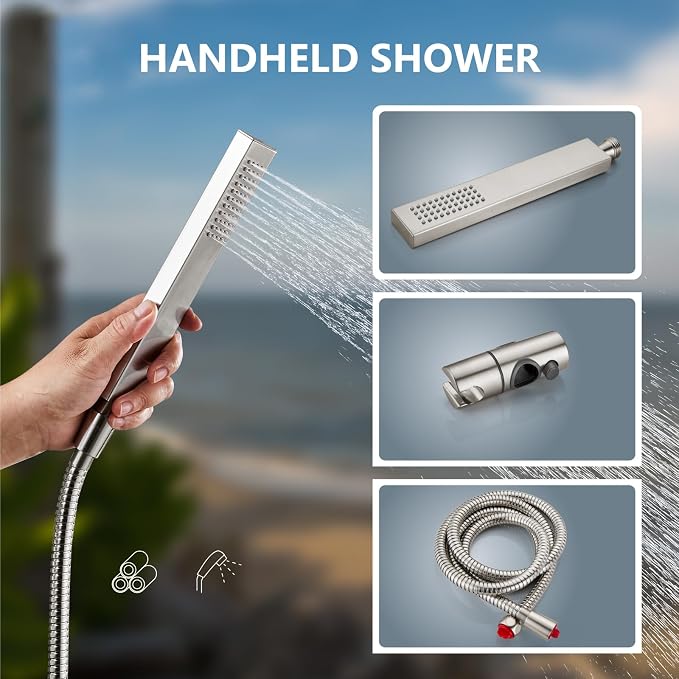 Aolemi Outdoor Shower Kit with Handheld,Square Rain Shower,Brushed Nickel | 2-Handle Hot and Cold Control, Adjustable Height, 6-Inch Center Valve, 59-Inch Hose, Winter Drainage Outdoor Shower Fixtures