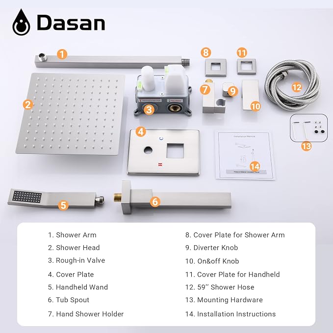 DASAN Tub Shower Faucets Sets Complete Brushed Nickel Bathtub Shower System with Tub Spout, Bathtub Faucet Set Tub and Shower Faucet Combo Trim Kit with Rough-in Valve, DA-SS03BN-S10W