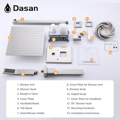 DASAN Tub Shower Faucets Sets Complete Brushed Nickel Bathtub Shower System with Tub Spout, Bathtub Faucet Set Tub and Shower Faucet Combo Trim Kit with Rough-in Valve, DA-SS03BN-S10W