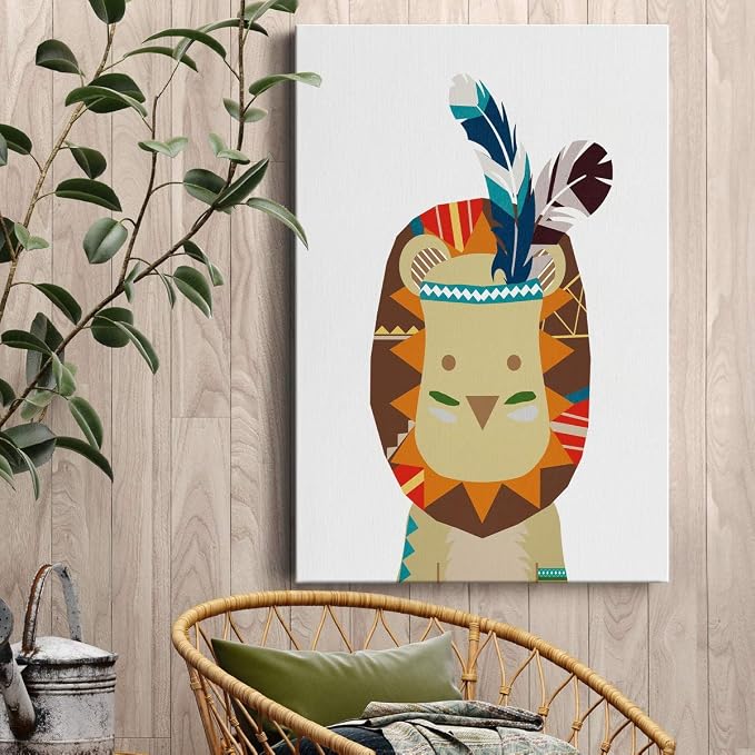 Renditions Gallery Canvas Animal Wall Art Decorations Paintings & Prints Tribal Baby Chief Lion Canvas Animated Wall Hanging Prints for Bedroom Living Room Office Kitchen - 32"x48" LT02