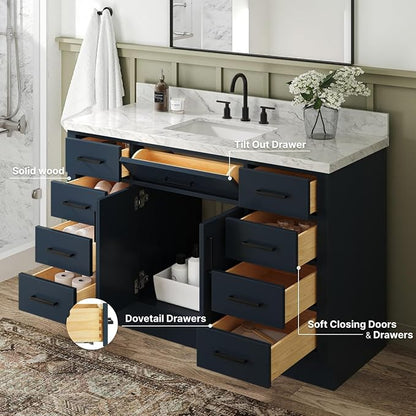 ARIEL Hepburn 54-inch Bathroom Vanity Base Cabinet,Solid Wood, 2 Soft Closing Doors, 9 Dovetail Drawers, Midnight Blue