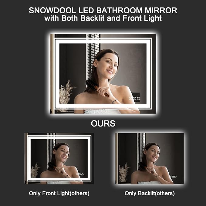 Snowdool 77 x 36 in LED Bathroom Mirror, Front and Backlit, Anti-Fog | Front and Backlit, Stepless Dimming, Anti-Fog, Memory Function