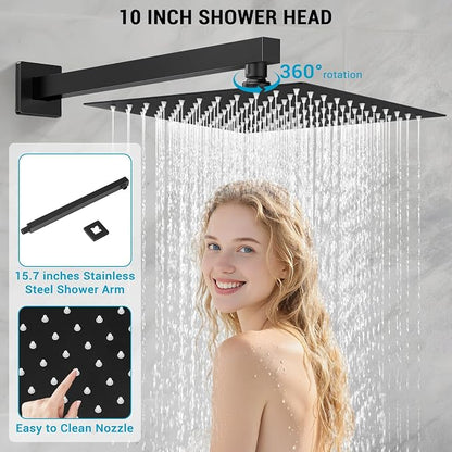 10" Square Rain Shower Faucet Set, Wall Mount, Matte Black | 304 SS , air tech boosts pressure 50%, dual spray, anti-fingerprint