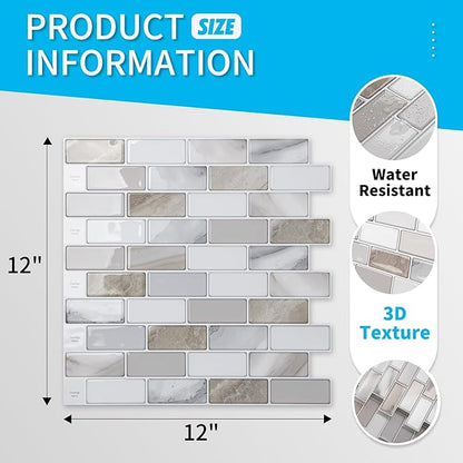 Art3d 10-Pack Marble Peel and Stick Backsplash, 12 x 12 in, Beige & White | Strong Adhesion, Lightweight, Cuttable, Waterproof, Fadeless, Crack Resistant, for Kitchen, Bedroom, Ideal for Recently Moved