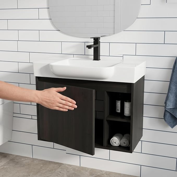 24" Bathroom Vanity with Sink, Wall-Mounted Cabinet, Dark Oak | Ceramic Sink, Soft-Close Door & 2 Open Storage Shelves, Modern Farmhouse Sink Cabinet, Easy to Clean for Small Bathroom