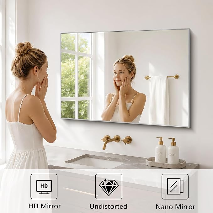 DESBING 30" x 40" Bathroom Mirror, Silver Metal Frame Wall Mirror | HD Image,Shatterproof Decorative Rectangular Vanity Mirror for Bedroom Bathroom Living Room Entryway Horizontal or Vertical