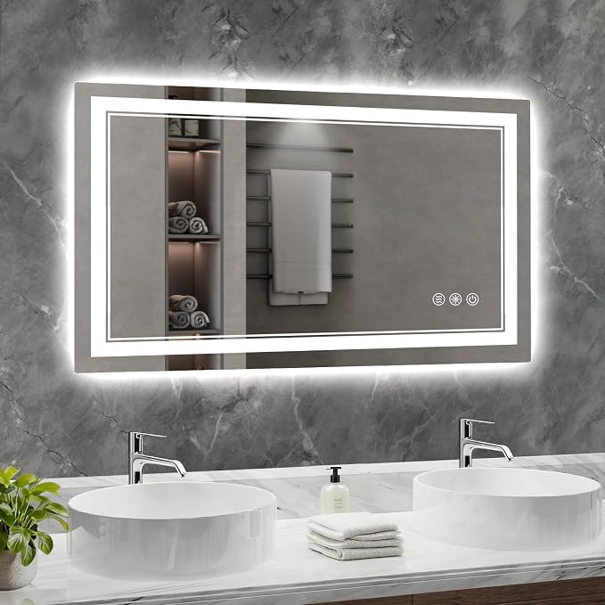 48x28 Inch LED Bathroom Mirror with Lights, 3 Colors Dimmable LED Vanity Mirror, Front and Back Lit, Anti-Fog, Memory Function, Shatterproof Tempered Glass, ETL Listed, Wall Mounted Makeup Mirror