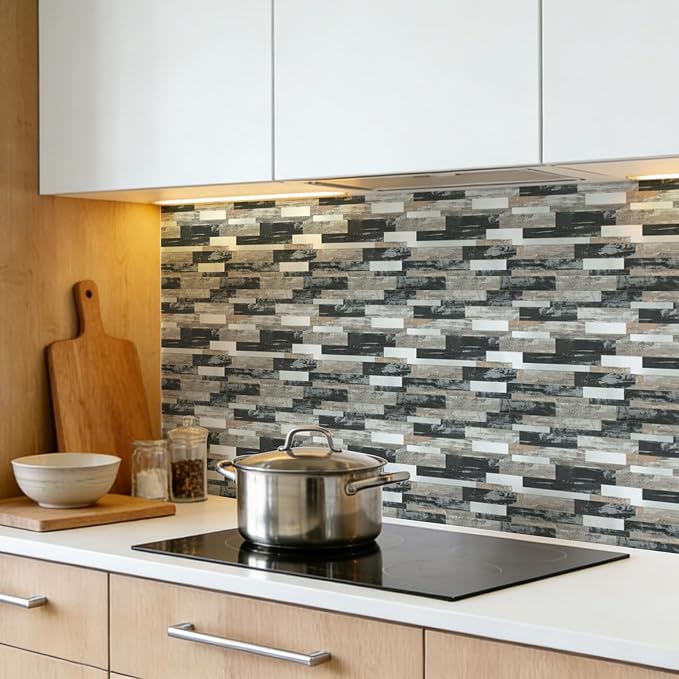 Art3d Faux Stone Peel & Stick Backsplash Tile, 10 pcs, Distressed Wood | PVC, Multi-Style Decor Sheets, Waterproof, Traceless Peel, No Wall Damage, Ideal for Kitchen