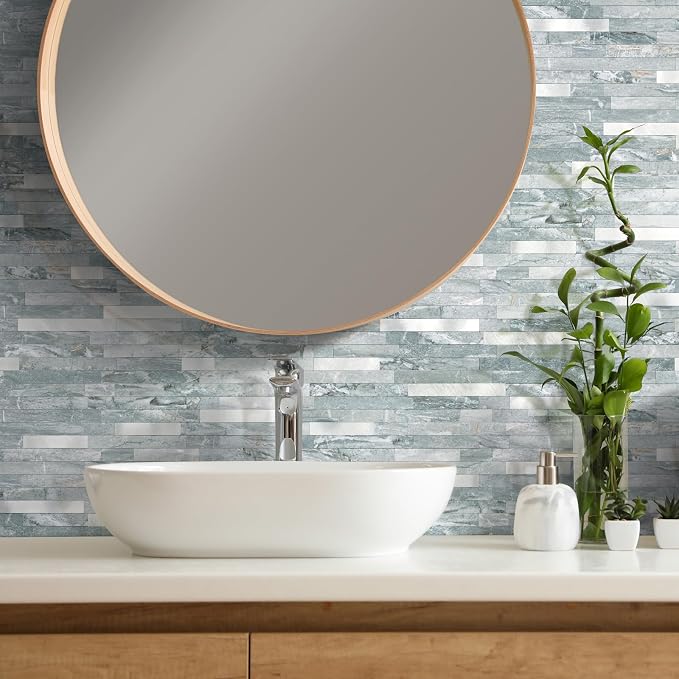 20 - Sheet Peel and Stick Backsplash Wall Tile, PVC Kitchen Backsplash, Stick on Tiles for Backsplash Kitchen (12'' X 12'', Polished Cyan)