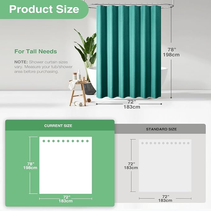 Long Waffle Shower Curtain 256GSM Heavy Fabric 72x78 Seaweed Green | 78 Inch Long, Thick Cloth, Weighted Hem, Water Repellent, Tall Hotel Luxury Polyester Shower Curtains for Bathroom 12 Hooks
