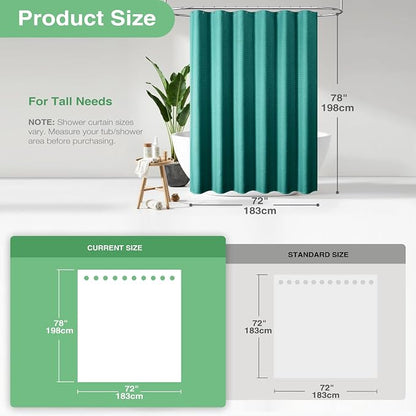 Long Waffle Shower Curtain 256GSM Heavy Fabric 72x78 Seaweed Green | 78 Inch Long, Thick Cloth, Weighted Hem, Water Repellent, Tall Hotel Luxury Polyester Shower Curtains for Bathroom 12 Hooks