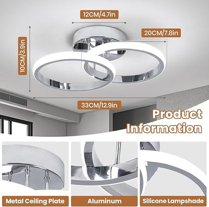 CANEOE 2 Packs Modern Led Ceiling Light Fixtures, 6000K Cool White Hallway Light Fixtures Ceiling, Bathroom Close to Ceiling Lights for Corridor Stair Aisle Lamps (Chrome, 2 Packs)