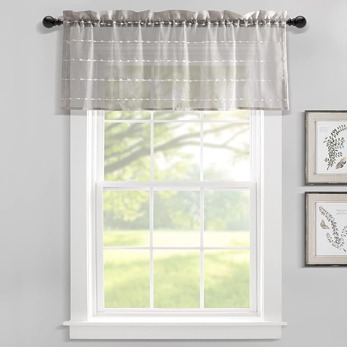 Lush Decor Farmhouse Textured Sheer Window Curtain Valance, 52"W x18"L, Gray