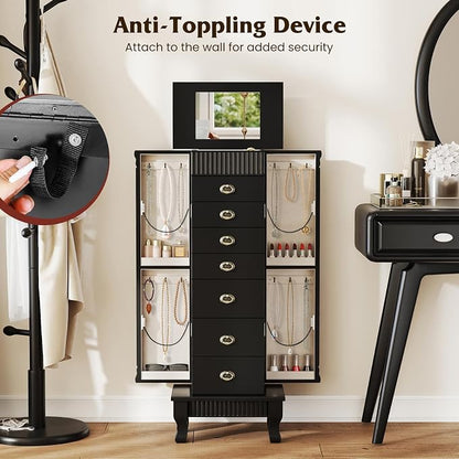 DREAMADE Jewelry Armoire, Standing Jewelry Box w/Mirror & 7 Drawers, Black | Flip Top Organizer with 2 Side Doors and Anti-Toppling Device, Large Jewelry Cabinet Storage for Bedroom